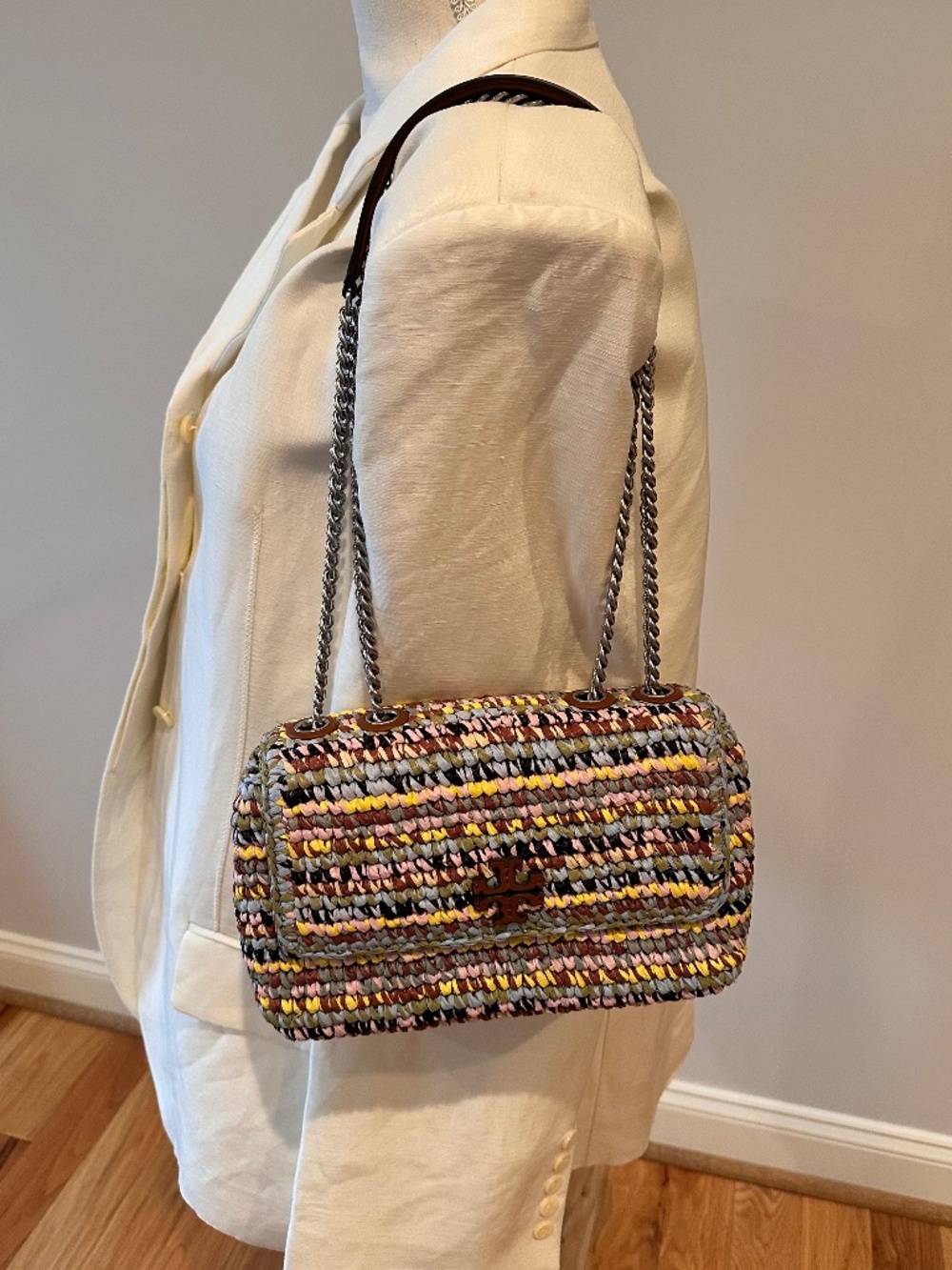 Tory Burch Willa Woven Raffia Bag with Silver-Tone Chain Strap